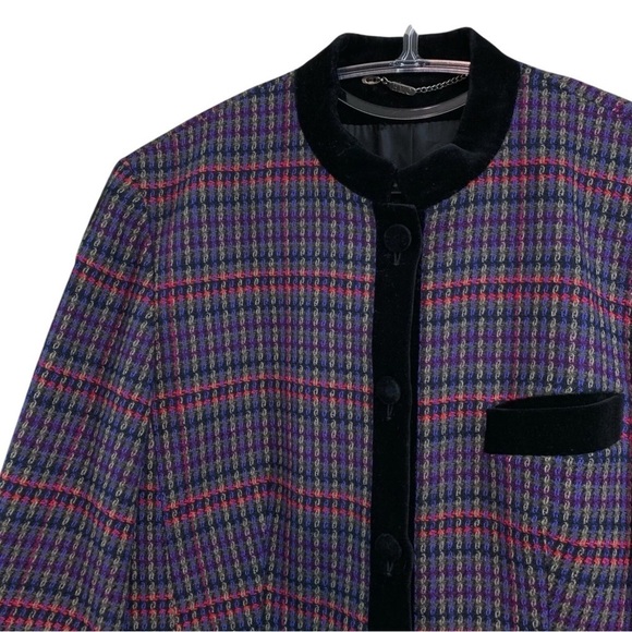 HMC Hucke Mode Collection Tweed Plaid Velvet Buttoned Jacket Purple Black US 8 - Picture 3 of 9